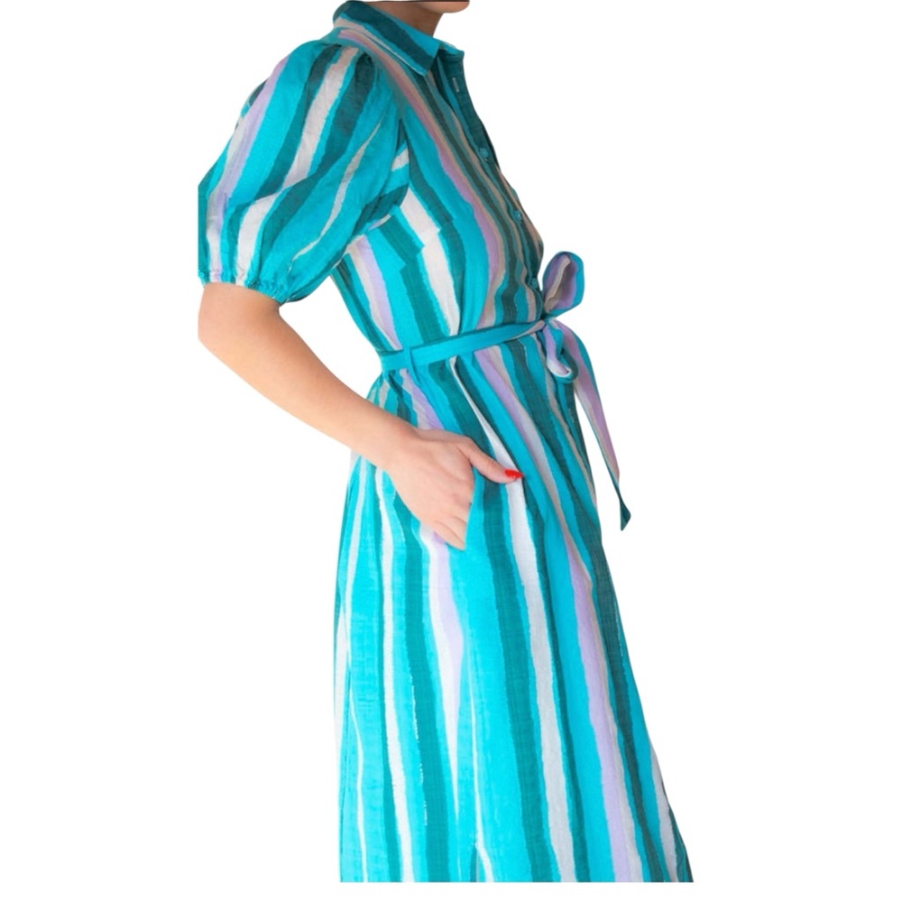 FRNCH Paris Striped Midi Shirt Dress Puff Sleeve Teal Purple Coastal Preppy L